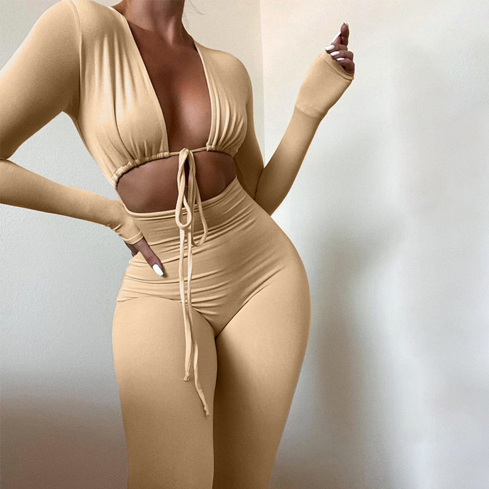 Women's Sexy Navel Cutout Long Sleeve Slim Fit Casual Pants