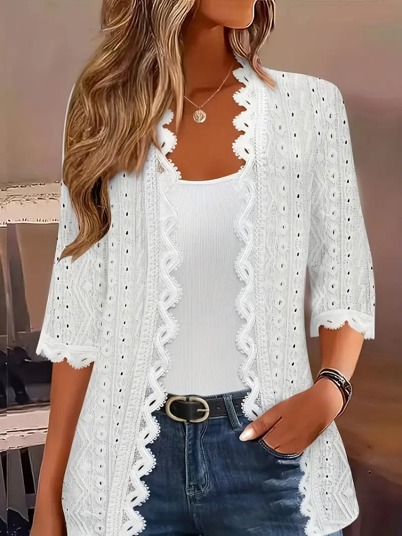 Women's Half Sleeve Knitted Hollow Lace Neckline Women's T-shirt