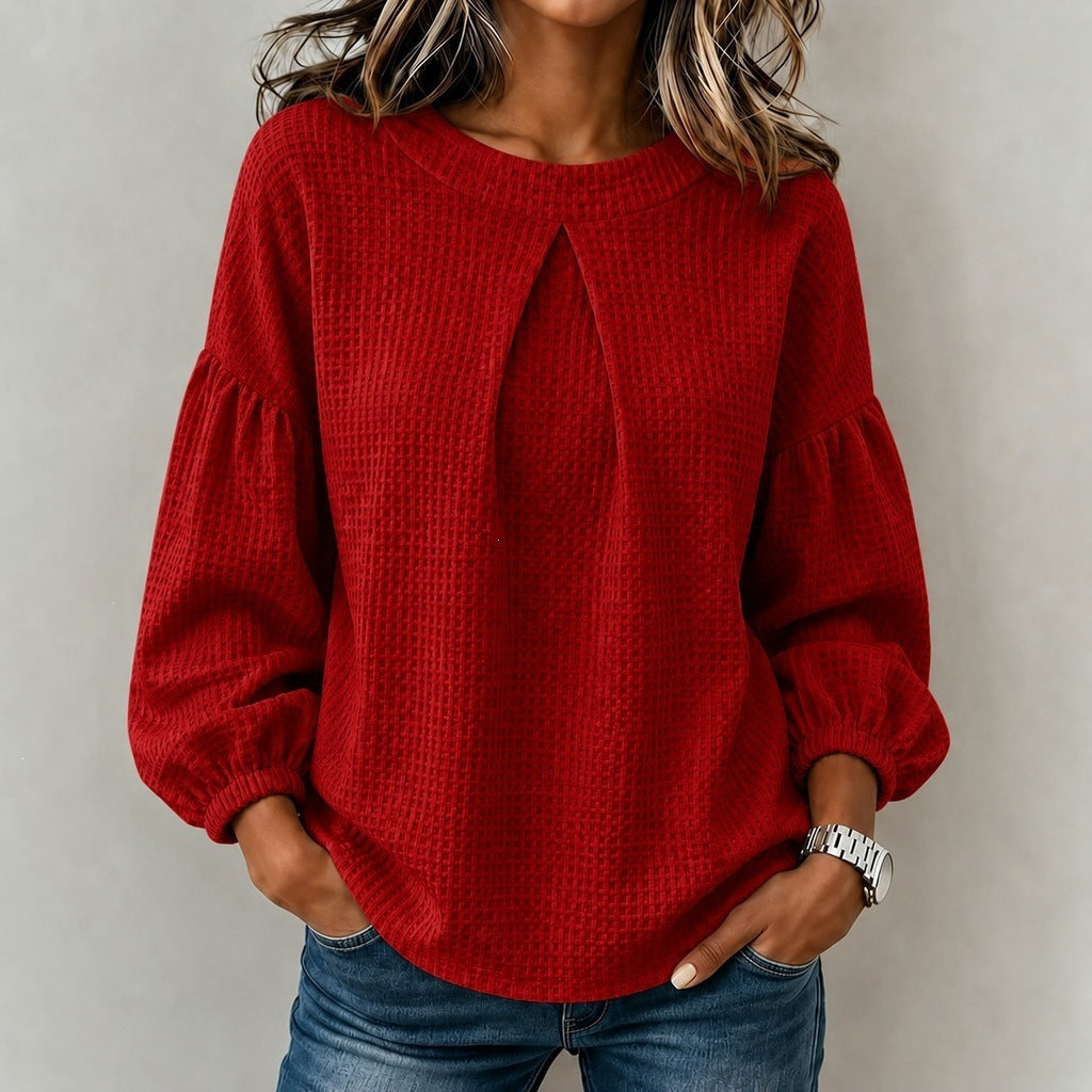 Women's Patchwork Puff Sleeve Waffle Round Neck Solid Color Tops