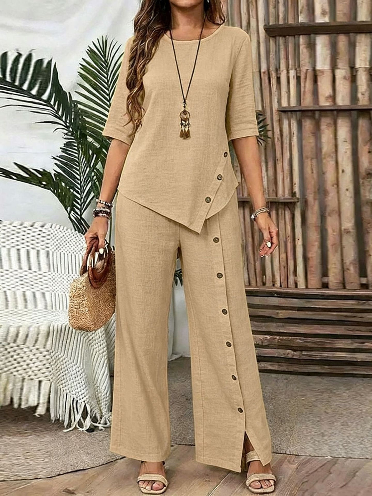 Women's Irregular Hem Trousers Button Half Sleeve Suits