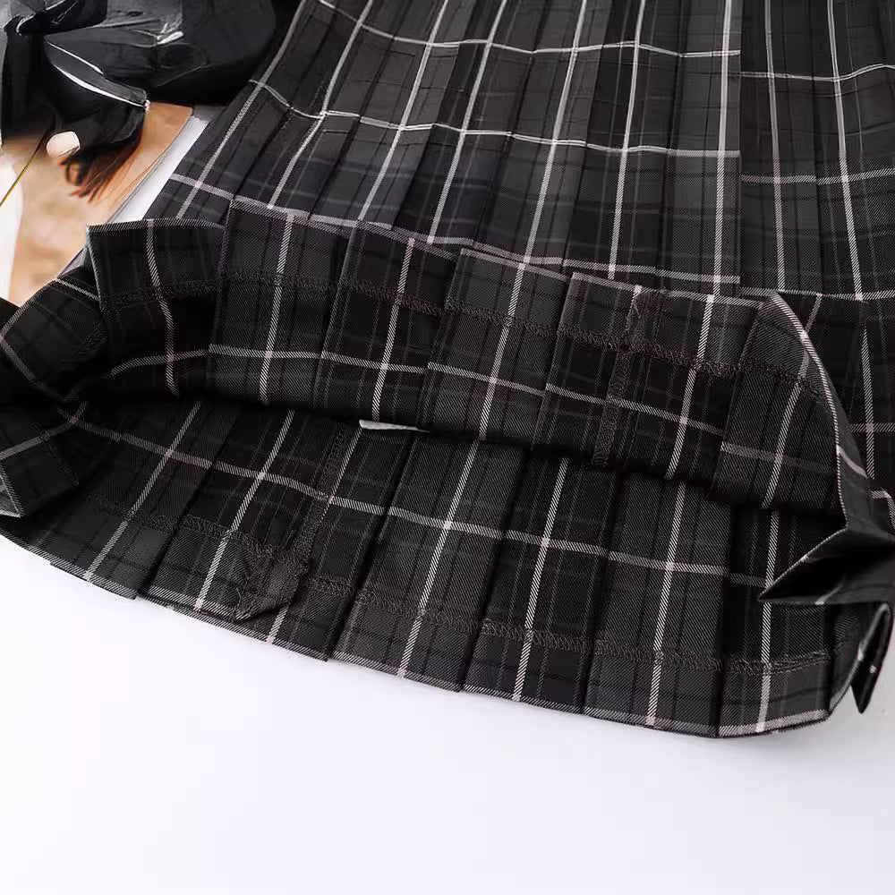 High Waist Plaid Smoke Gray Pleated Skirt