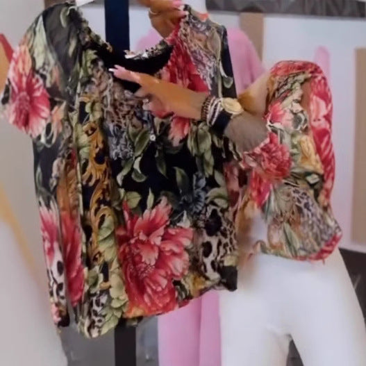 New Women's Summer Printed Casual Fashion Lace Shirt, Chiffon Shirt