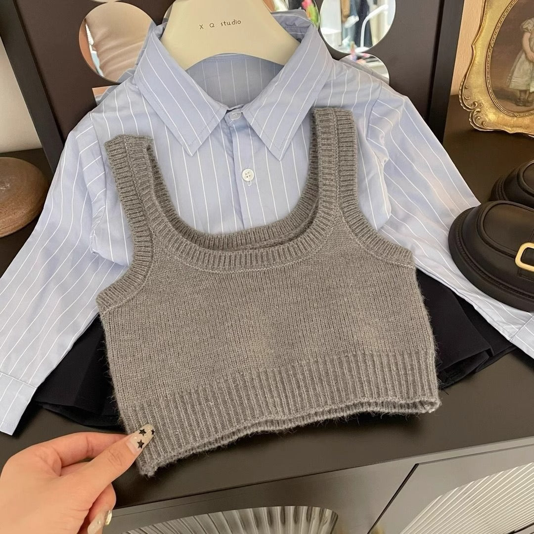 Preppy Style Three-piece Autumn Vest Blue Striped Shirt Pleated Children's Suit