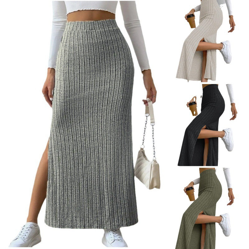Women's Waist Side Slit Slim Knit Solid Skirt