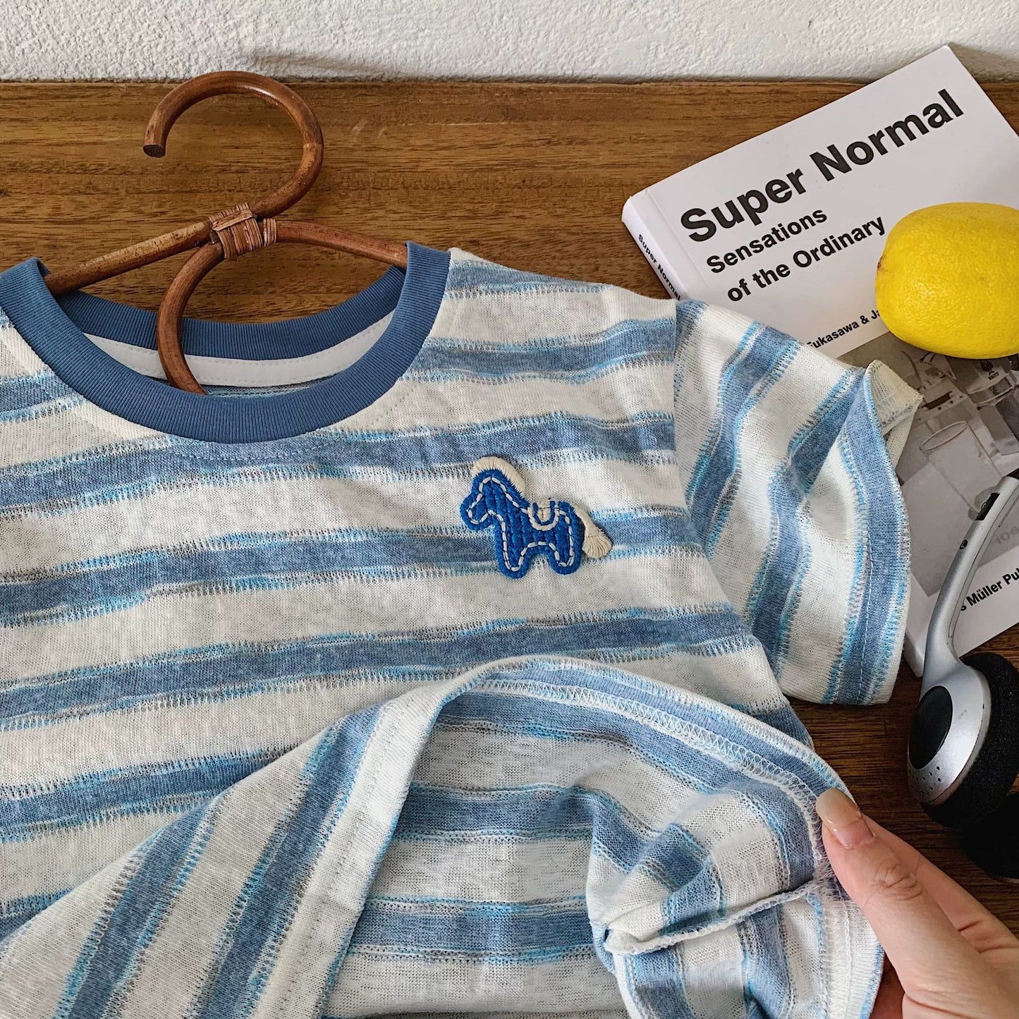Men's & Children's Casual Striped Summer Boys Pony Embroidered Top Thin Children's T-shirt