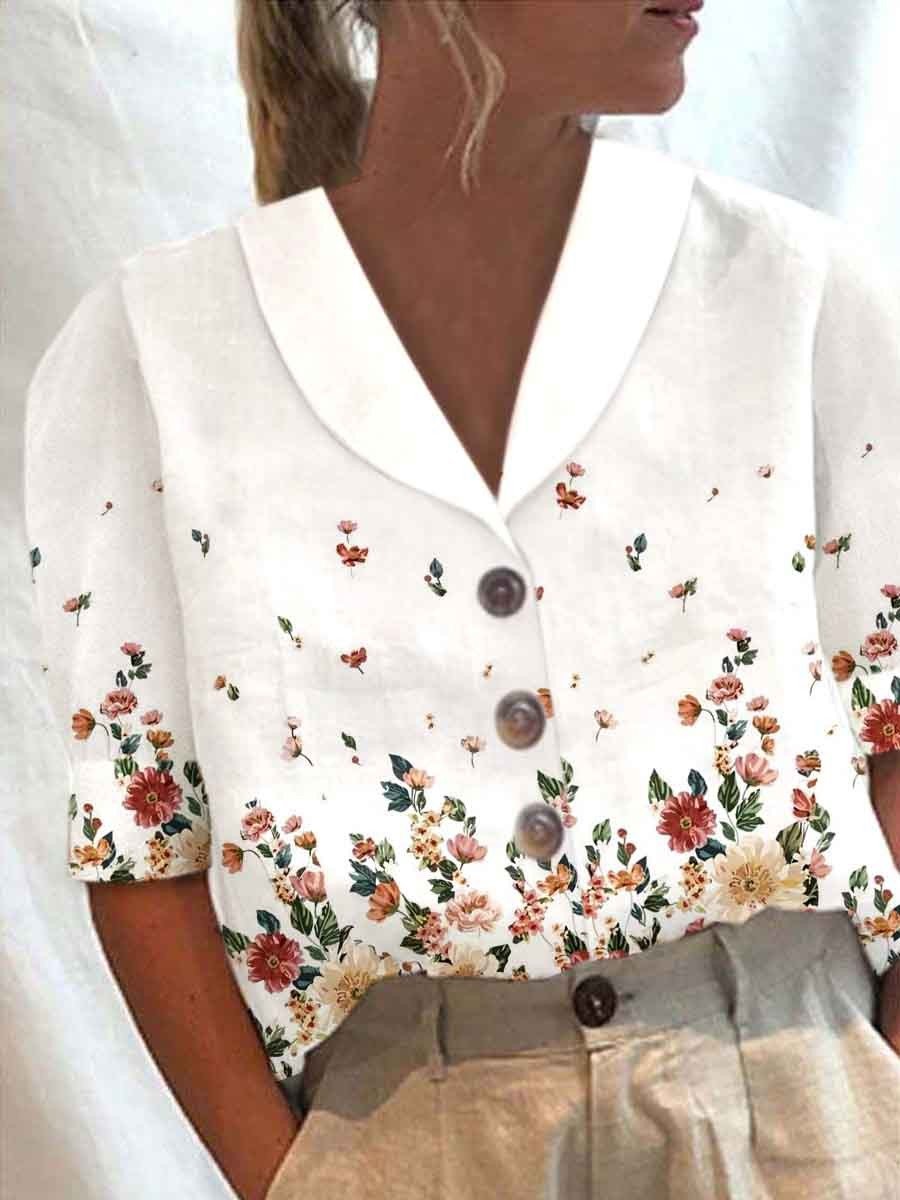 Women's Collar Button Casual Long Half Sleeve Cotton Blouse