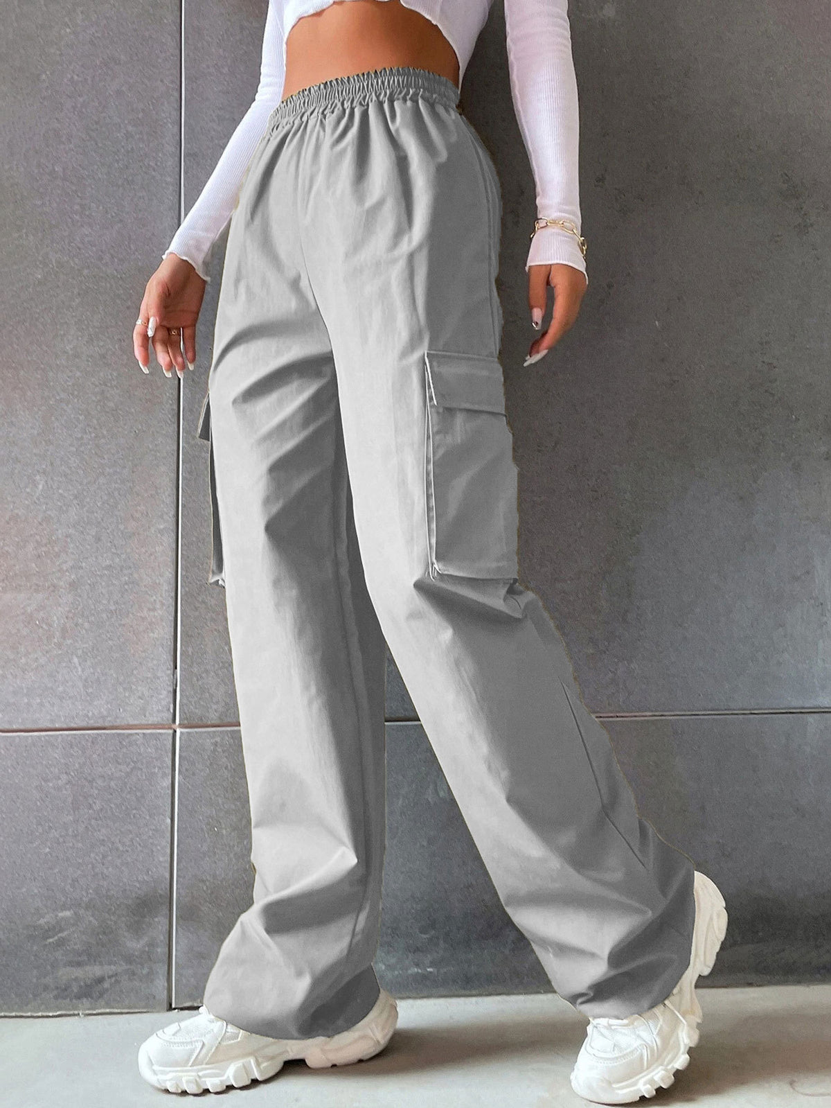 Women's Solid Color High Waist Flip Pocket Casual Pants