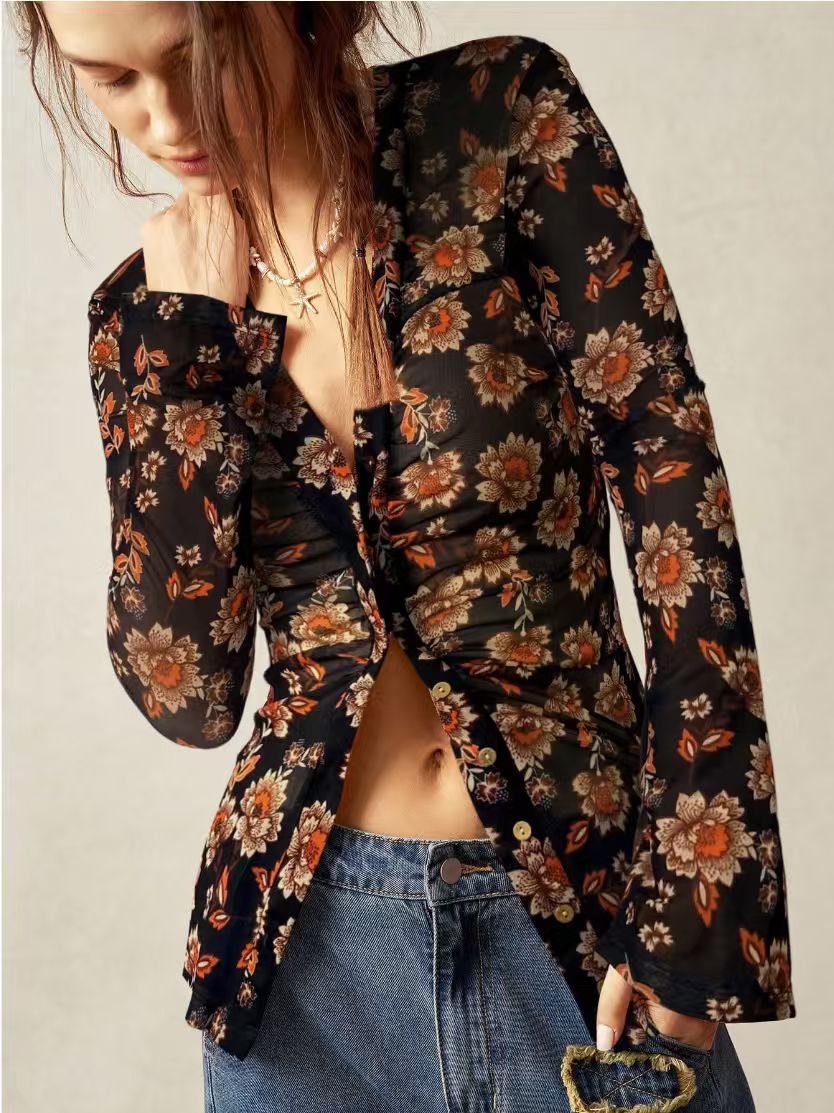 Women's Summer Mesh Floral Print Shirt Slim Fit Slimming Retro Temperament Blouse