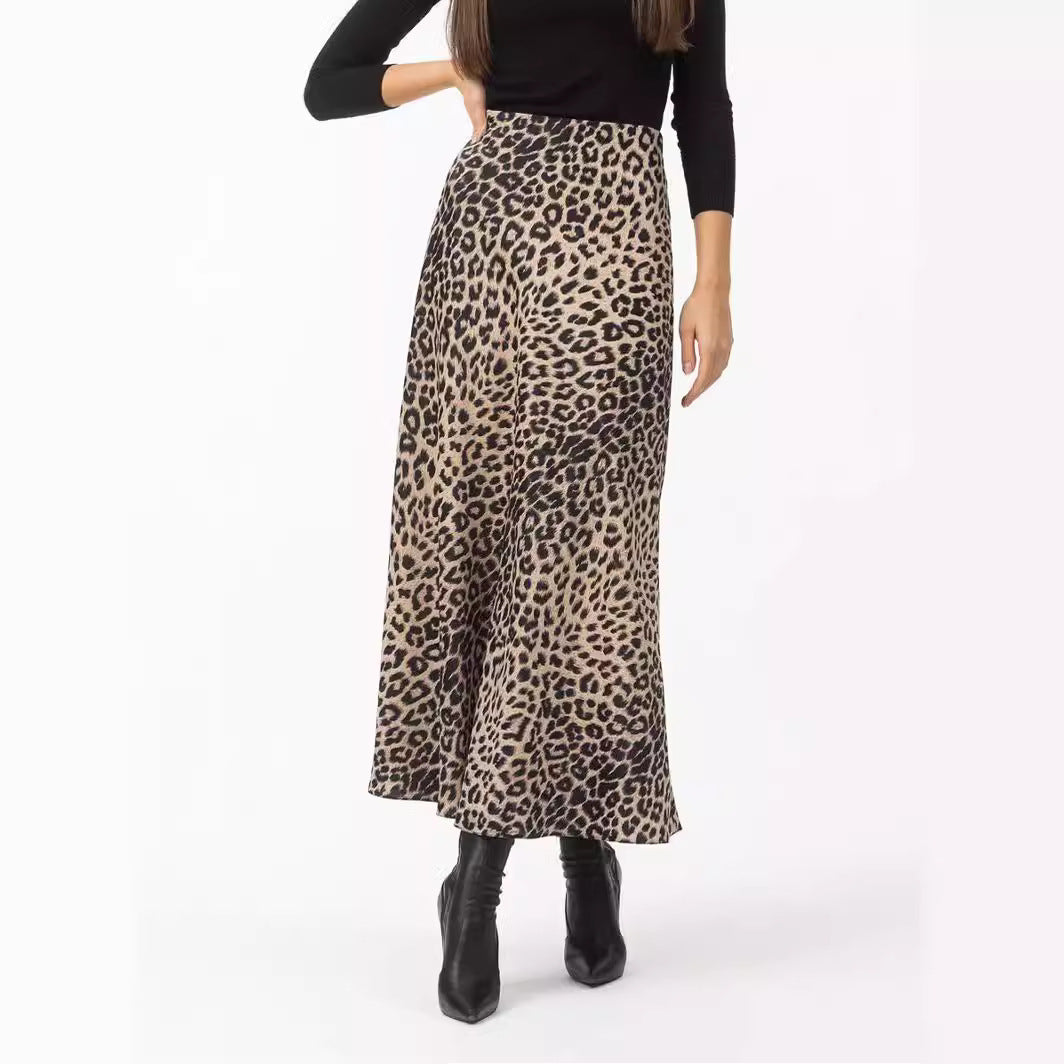 Satin Leopard Print Long Elastic Silky High Skirt