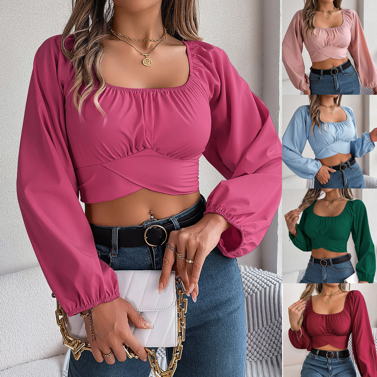 Graceful Women's Casual Lantern Sleeve Waist Lace Shirt, Chiffon Shirt
