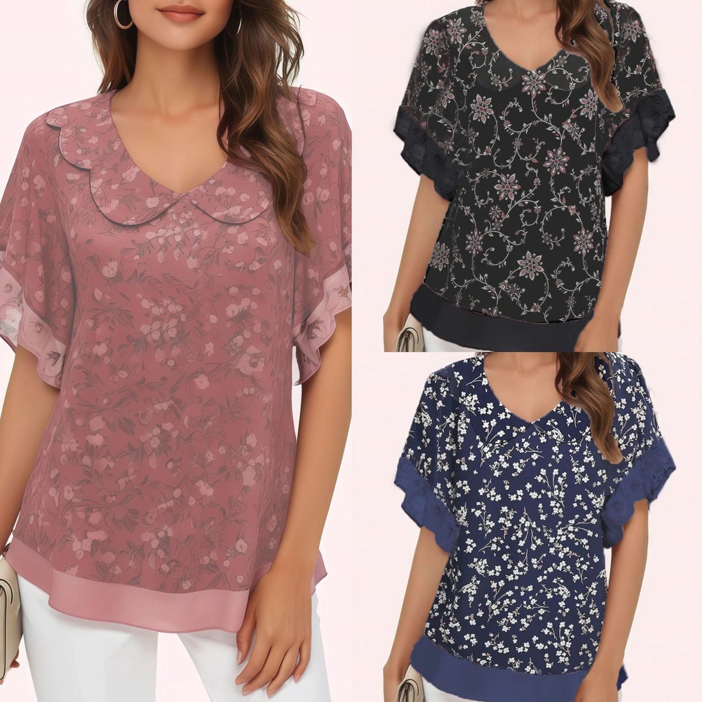Women's Stringy Seedge Round Neck Printed Short-sleeved Lace Shirt, Chiffon Shirt