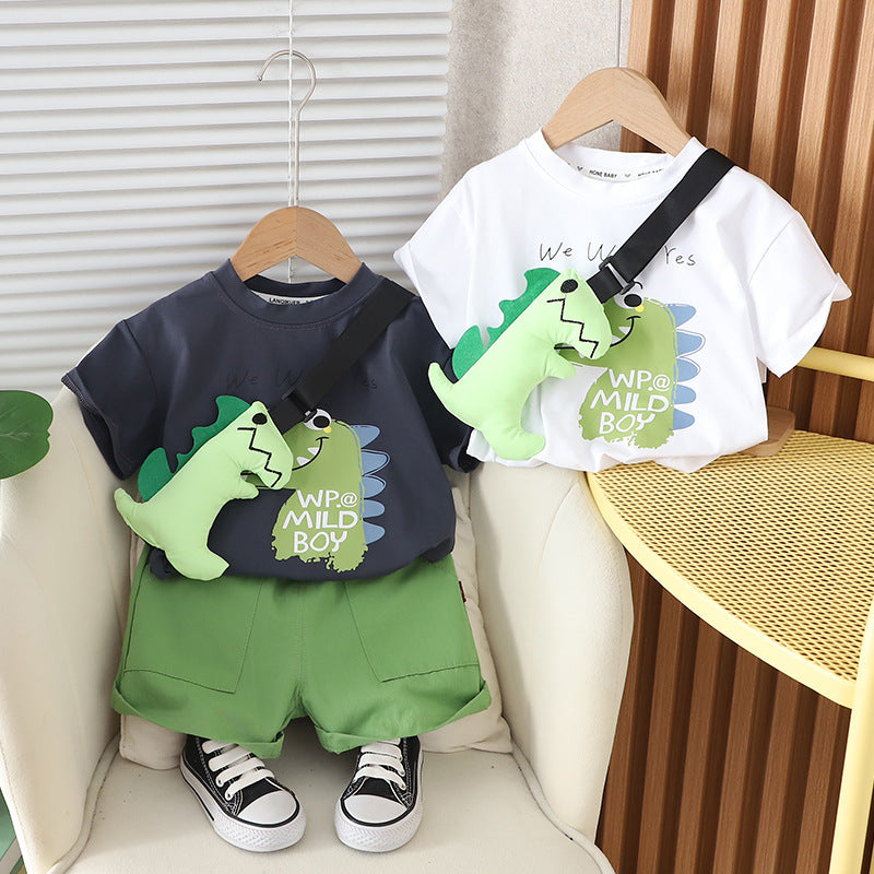 Children's Summer Clothing Korean Boys Dinosaur Bag Short Sleeve Two-piece Children's Suit