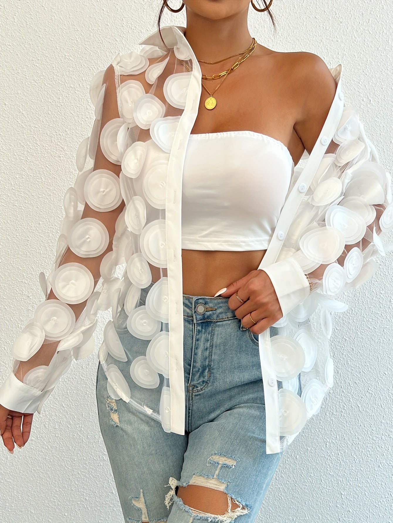 Women's Long Sleeve Fashion Gauzy Shirt Three-dimensional Flower Decoration Tops