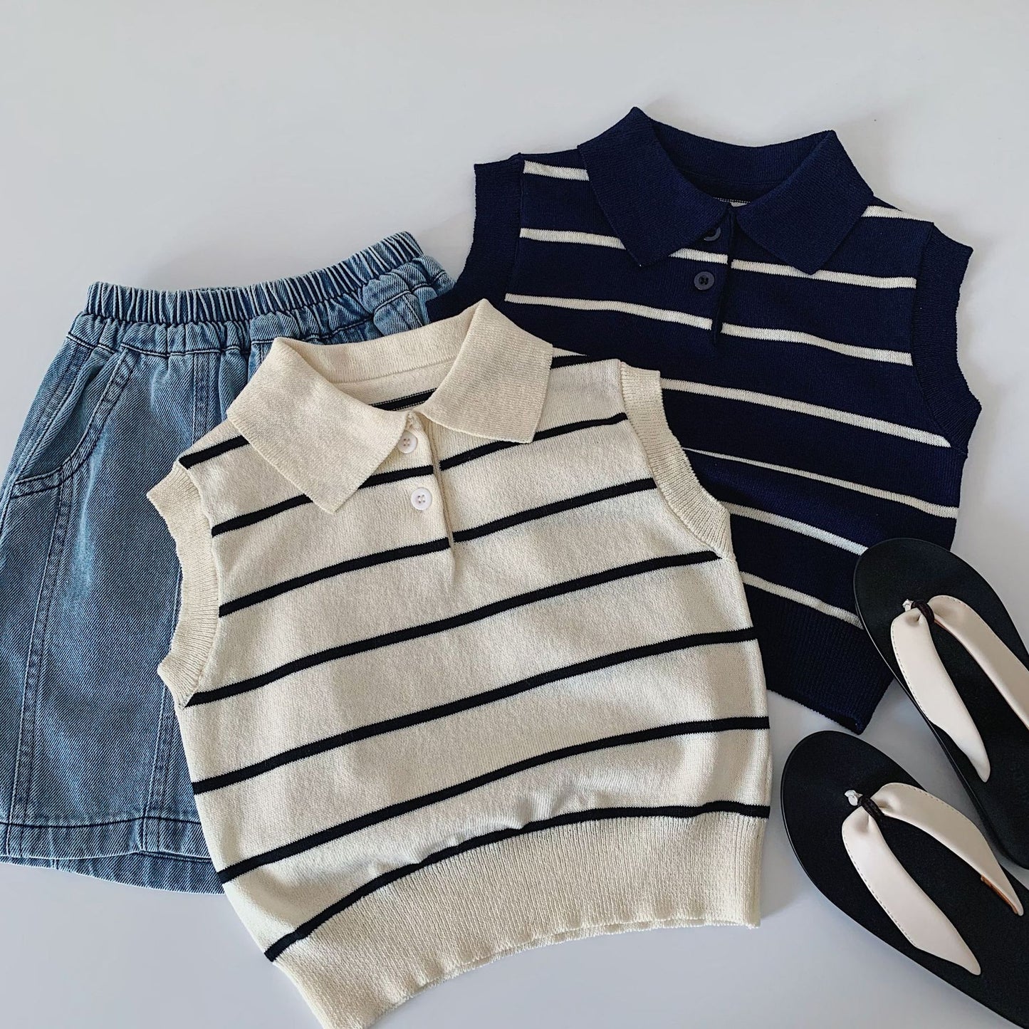 Children's Boy's Knitted Vest Summer Striped Lapel Children's T-shirt