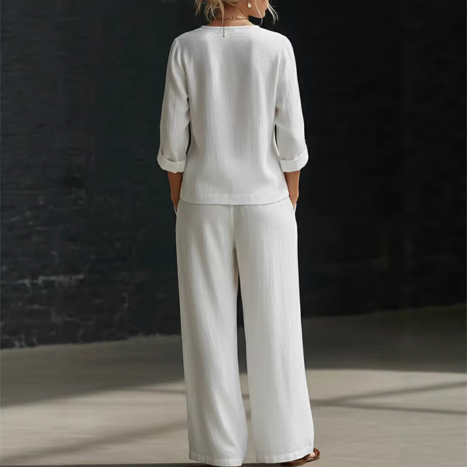 Women's Loose Diagonal Button Shirt Wide Leg Two-piece Fashion Casual Suit