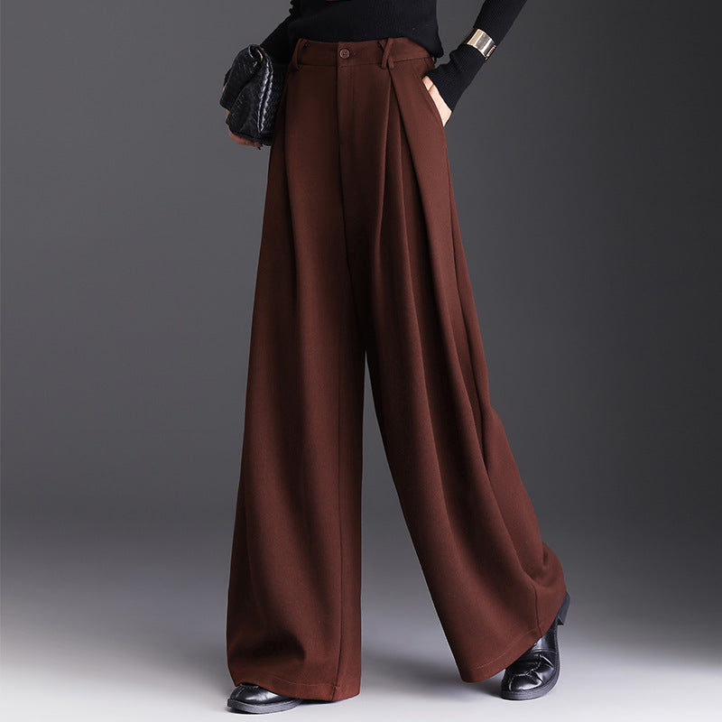 Women's Woolen High Waist Commuter Loose Cover Wide Leg Draping Casual Pants