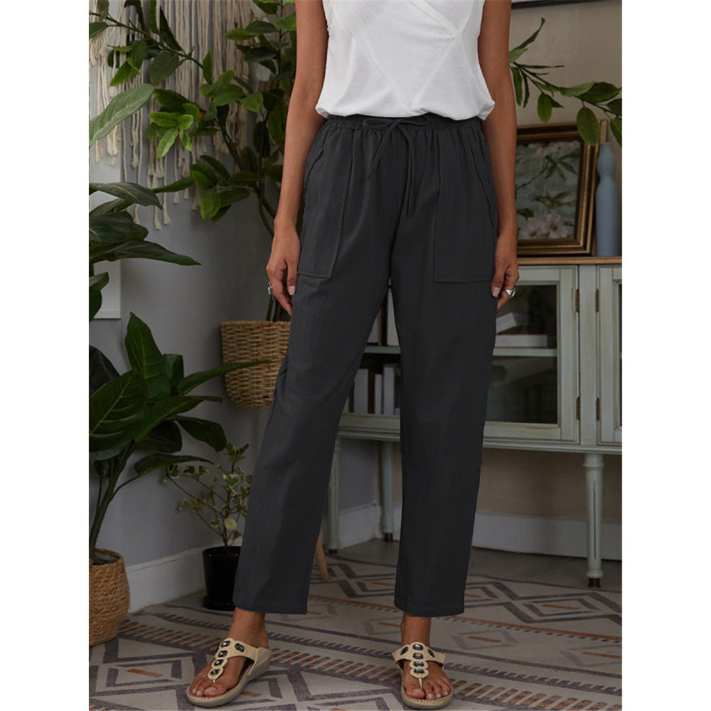 Women's Solid Color Large Pocket Elastic Waist Cotton Linen Casual Pants