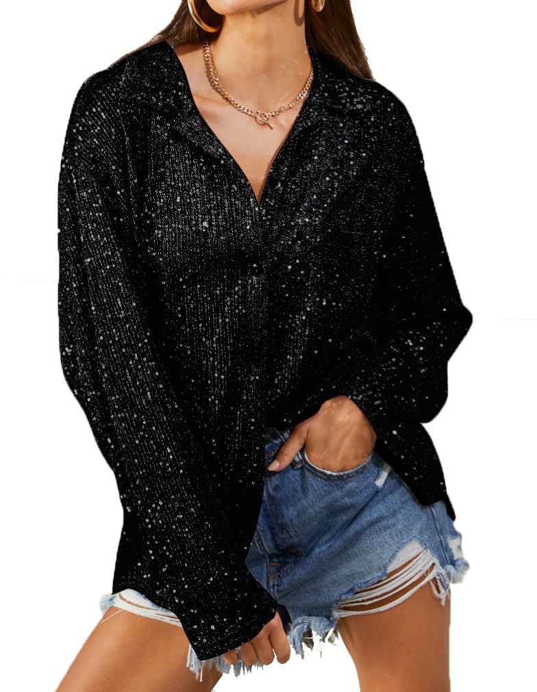 Women's Fashionable Sequins Long Sleeve Lapel Temperament Leisure Blouse