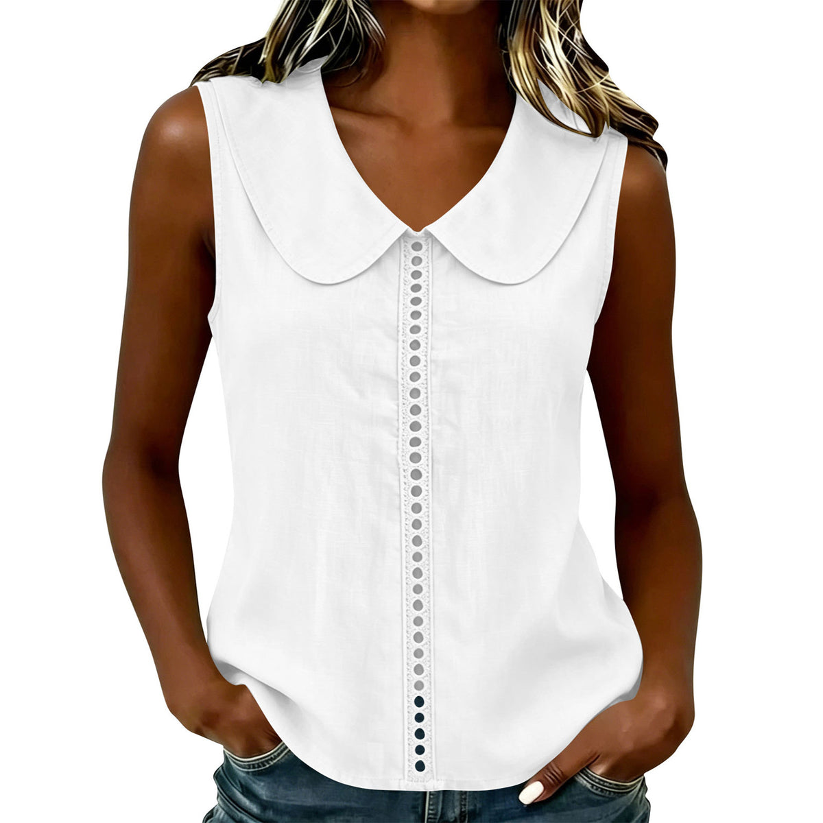 Summer Loose Lapel Lace Stitching Casual Sleeveless Small Vest/suspenders/tube Top