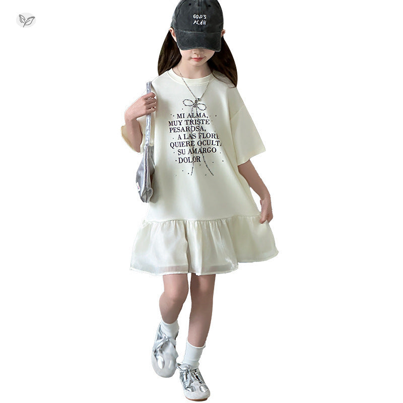 Children's Letter Printed T-shirt Skirt Mesh Stitching Rhinestone Children's Dress