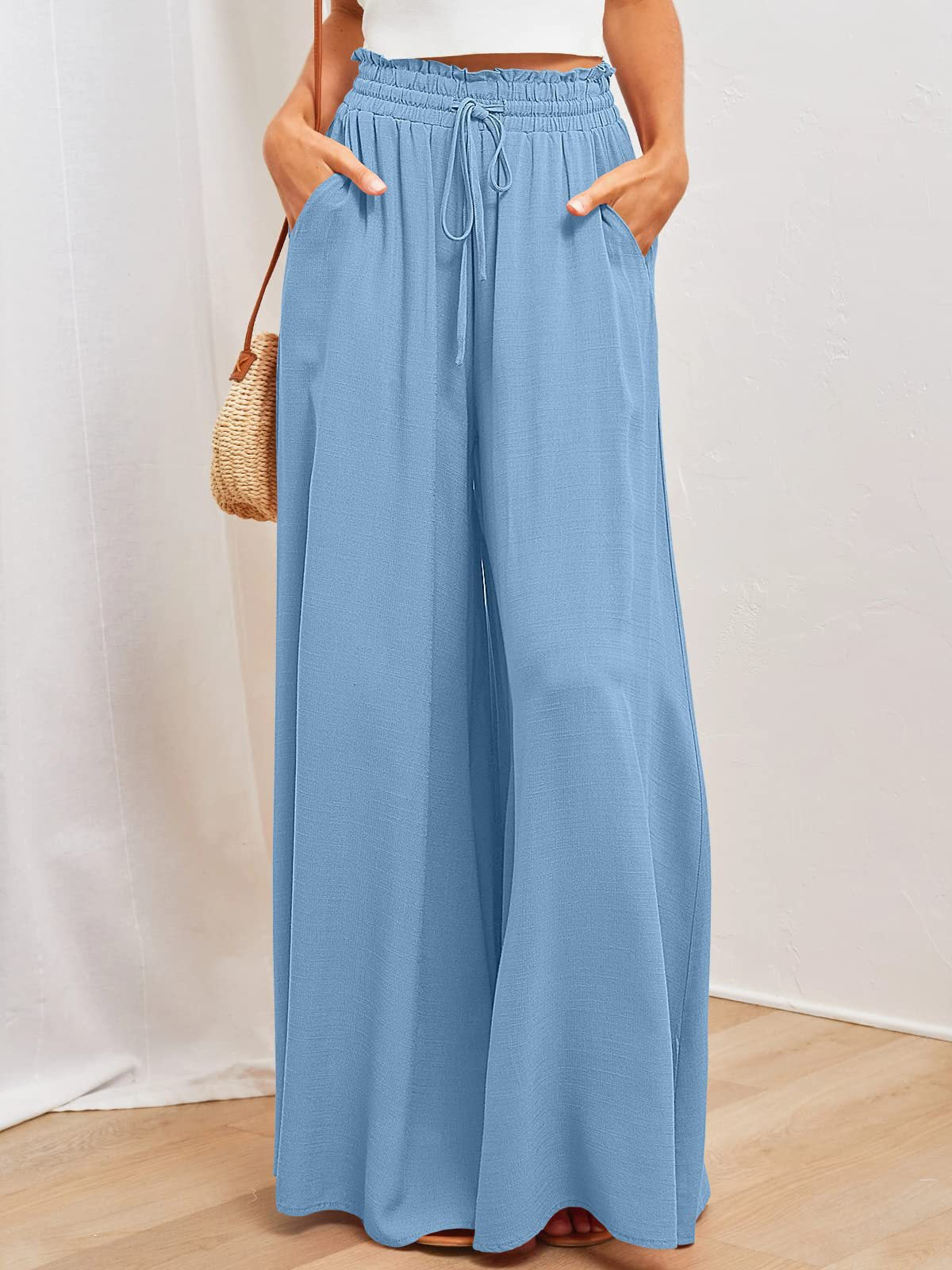 Women's Elastic Waistband Wide Leg High Waist Long Pants