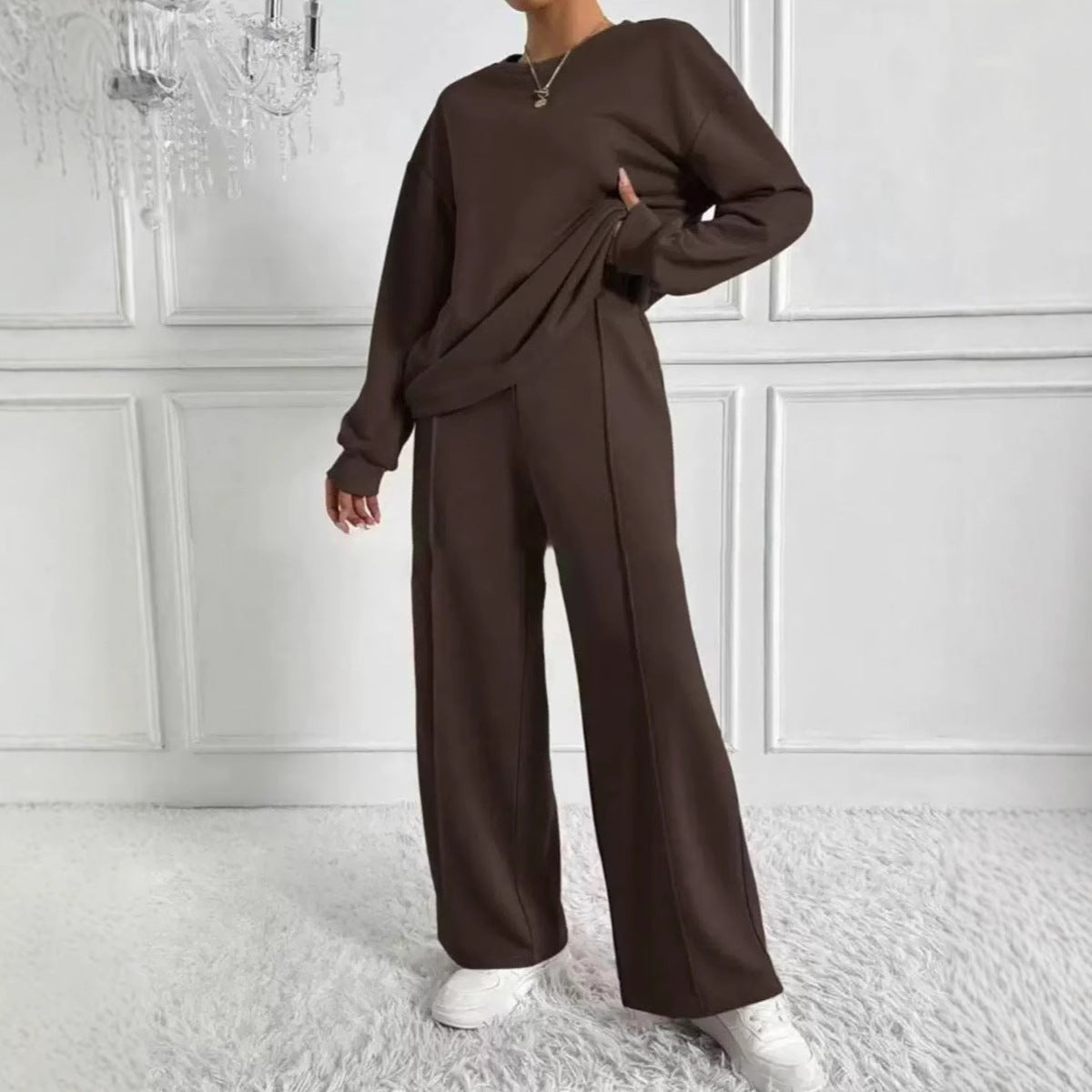 Women's Solid Color Round Neck Long-sleeved Trousers Fashion Casual Suit