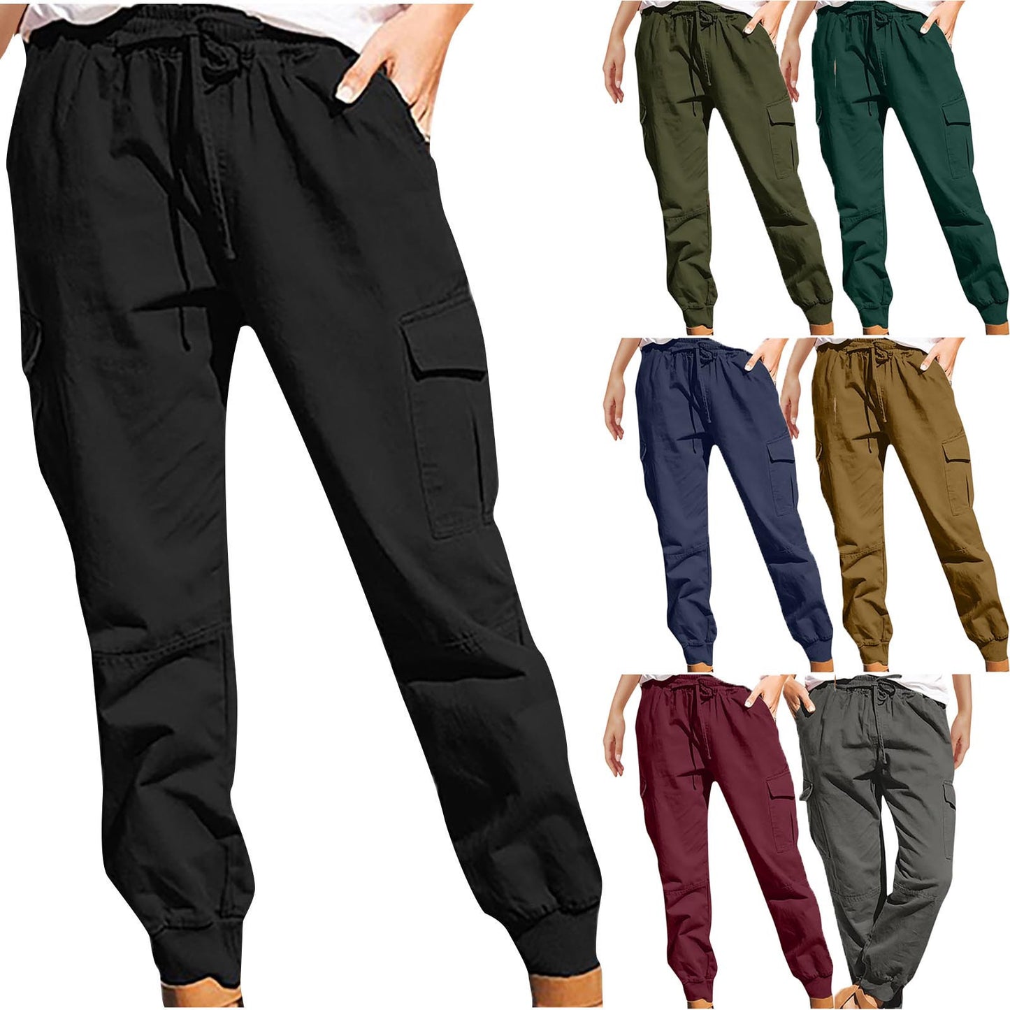Women's Solid Color Fashion Pocket Cargo High Casual Pants