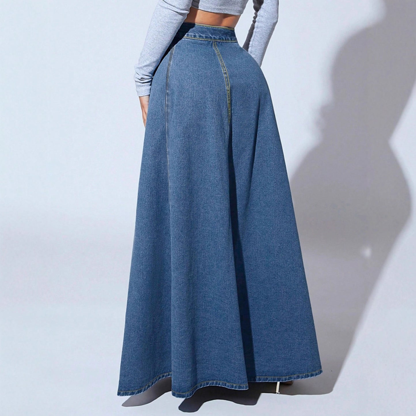 Versatile Women's Denim Design Single-breasted Line Skirt