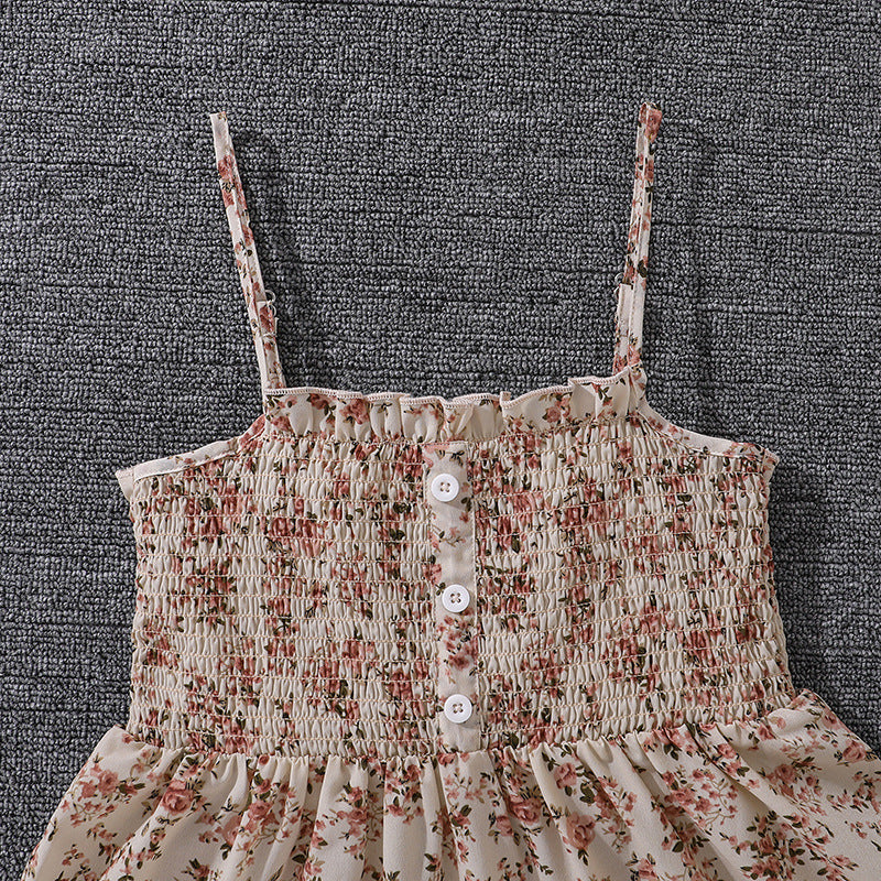 Children's Older Clothing Spring Sweet Floral Suspender Children's Suit