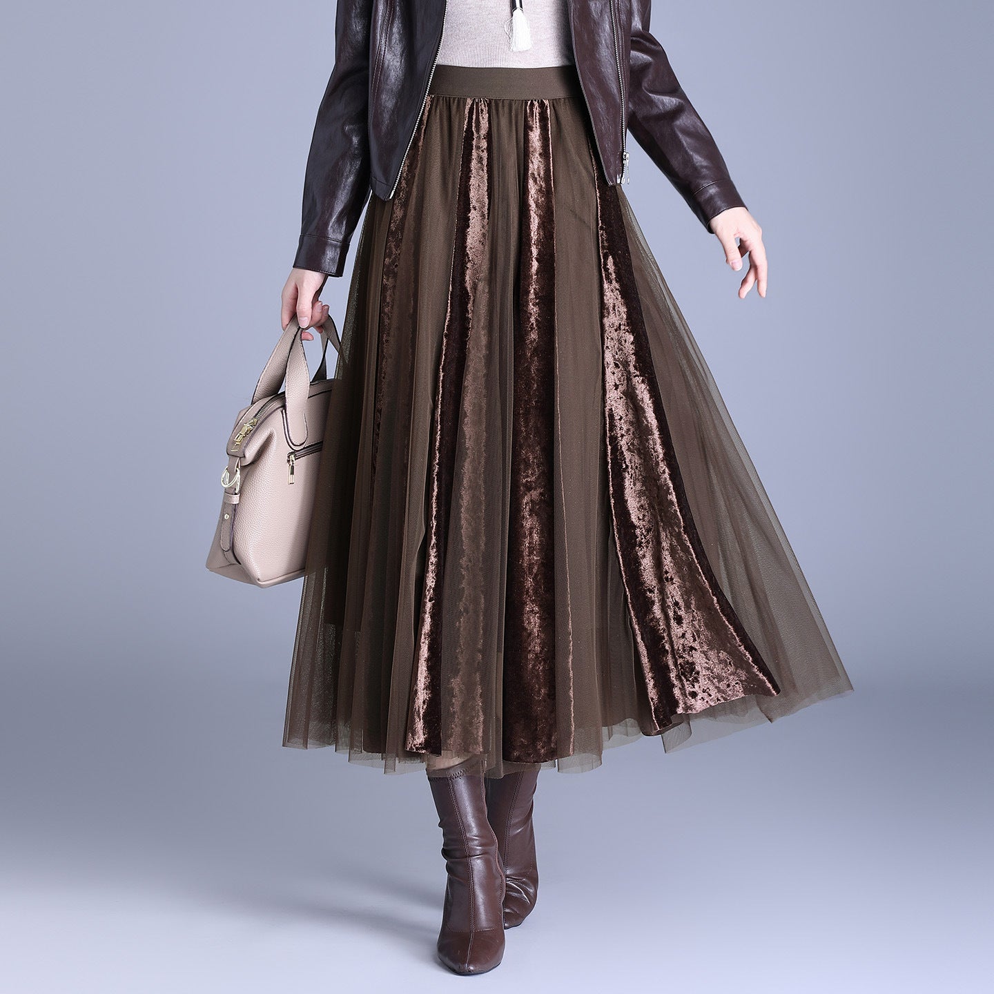 Women's Young Elegant Veet Mesh Patchwork Autumn Skirts