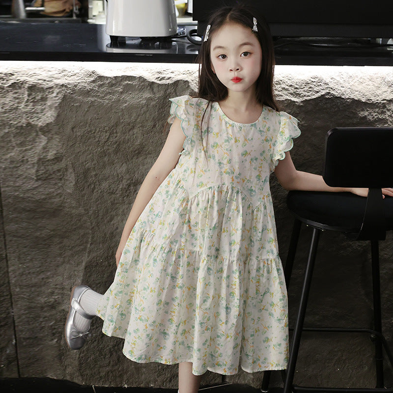 Children's Summer Princess Floral Cotton Flounced Sleeve Children's Dress