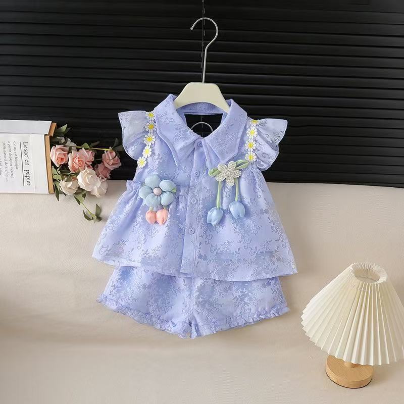 Korean Style Single-breasted Floral Thin Summer Regular Flying Sleeve Children's Suit