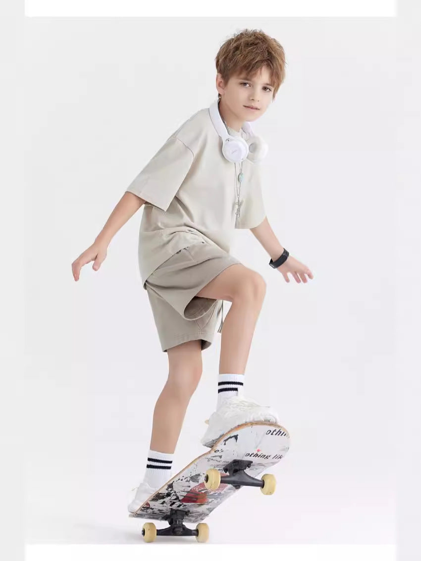 Children's Cotton Loose Shoulder Short-sleeved Solid Color Heavy Clothing Fashion Sports Children's T-shirt