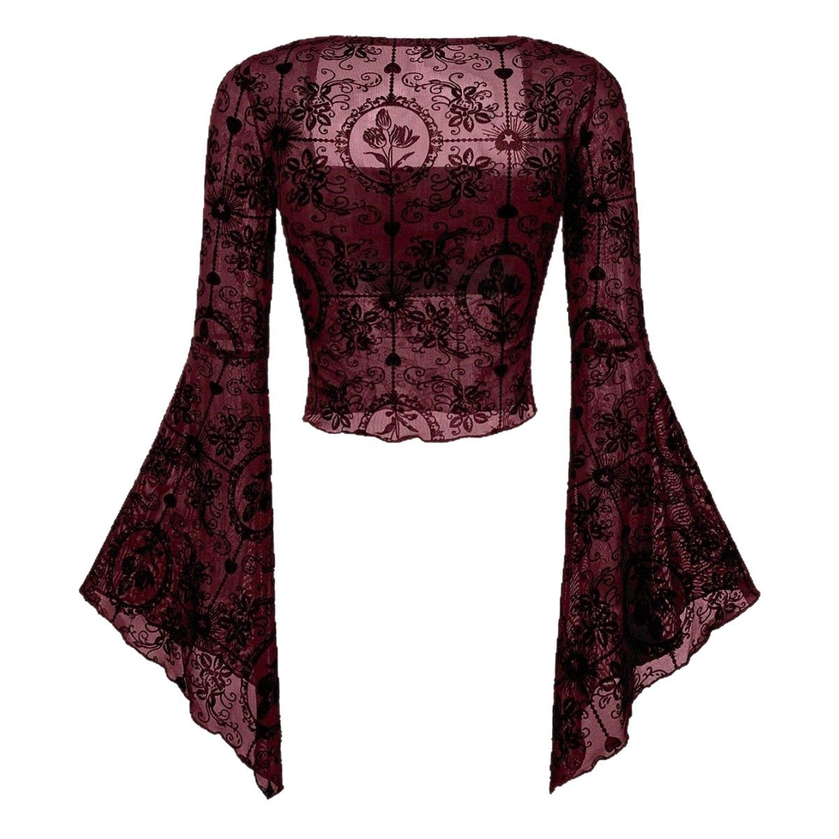 Sexy Mesh Long Sleeve Flared Sleeves Lace Shirt, Chiffon Shirt