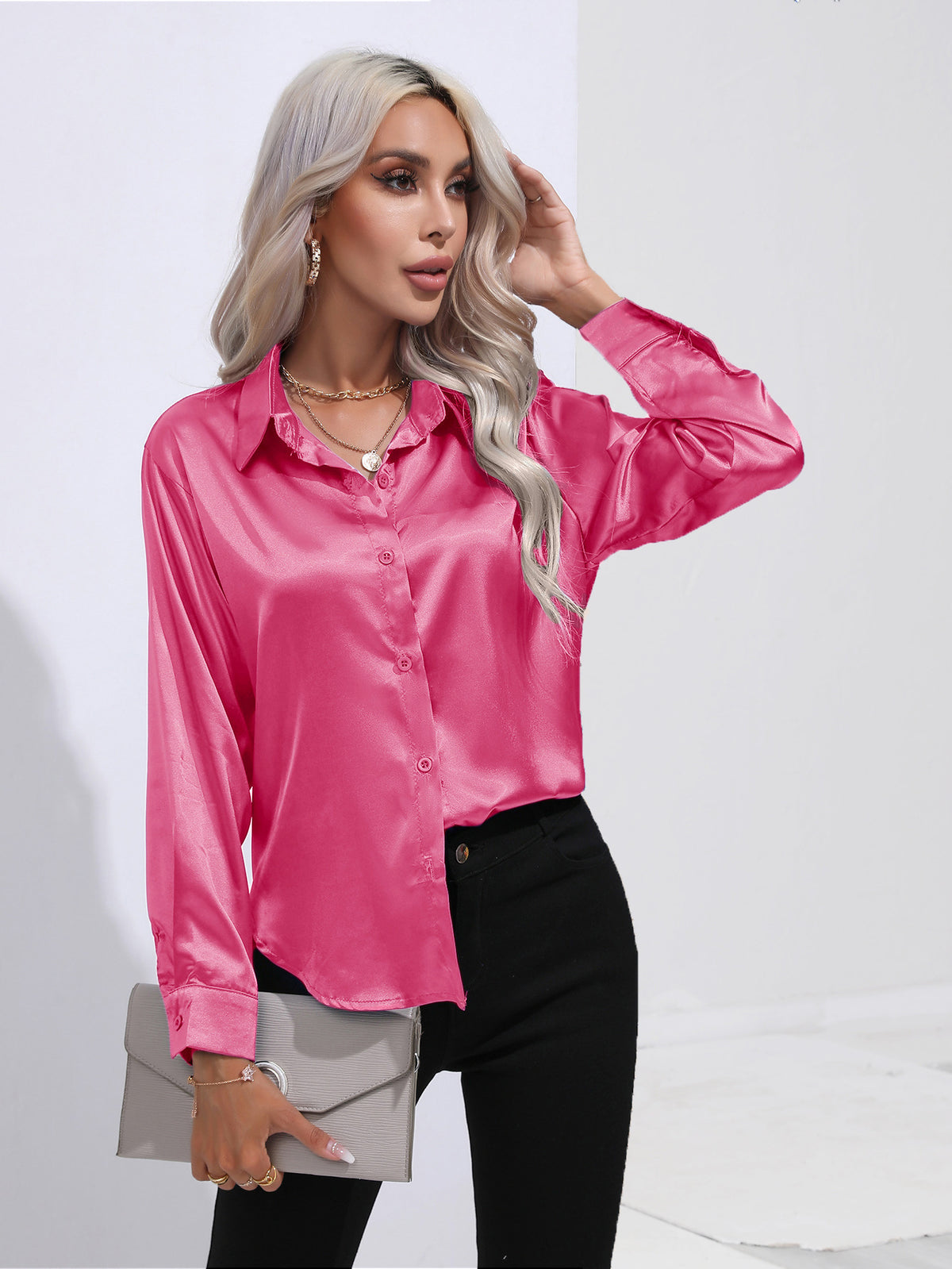 Glamorous Unique Women's Satin Shirt Long-sleeved Blouse