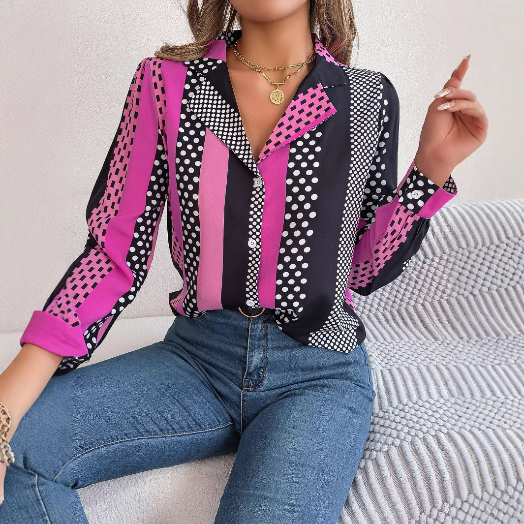 Women's Clearance Commuting Elegant Contrast Color Polka Lace Shirt, Chiffon Shirt