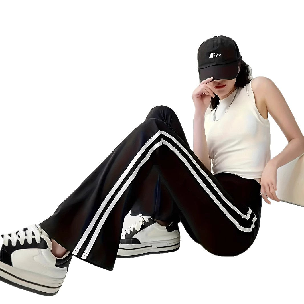 Women's Side White Stripe Sports Bell-bottom Loose Casual Pants