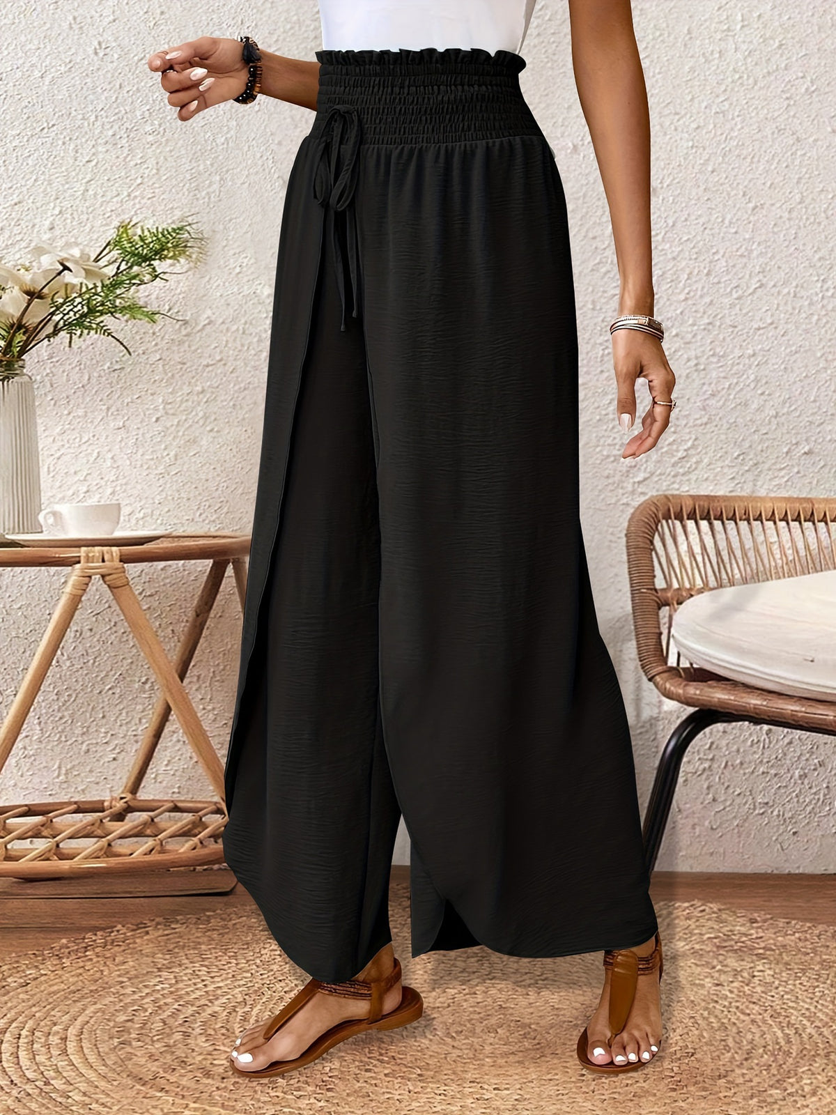 Women's Elegant Split Trousers Loose Waist Drawstring Casual Pants