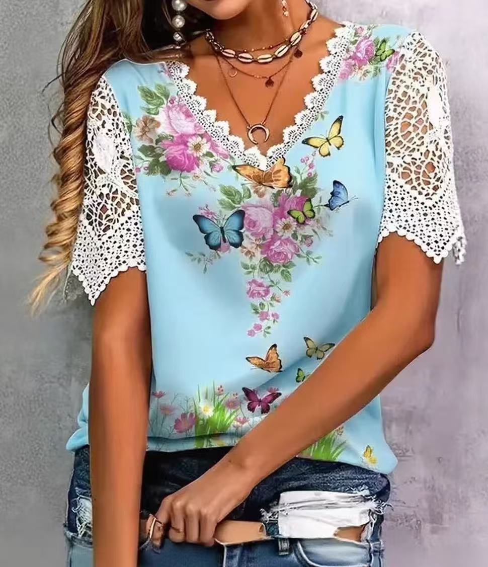 Women's Lace Stitching Fashion Printing Sleeve Female Tops