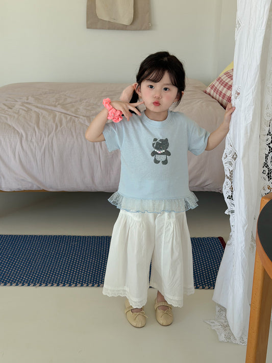 Children's Field Korean Style Stitching Flocking Mesh Summer Cartoon Animal Children's T-shirt