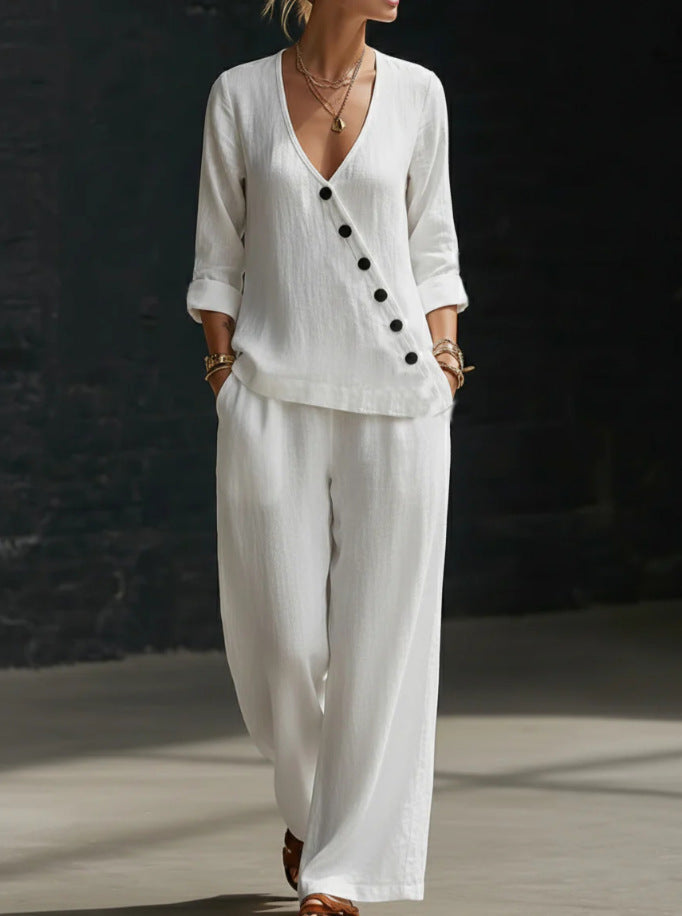 Women's Loose Diagonal Button Shirt Wide Leg Two-piece Fashion Casual Suit