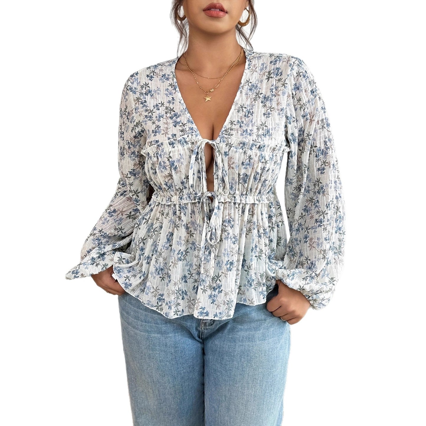 Floral Collar Long Sleeve Pleated Elastic Waist Casual Word With Tops