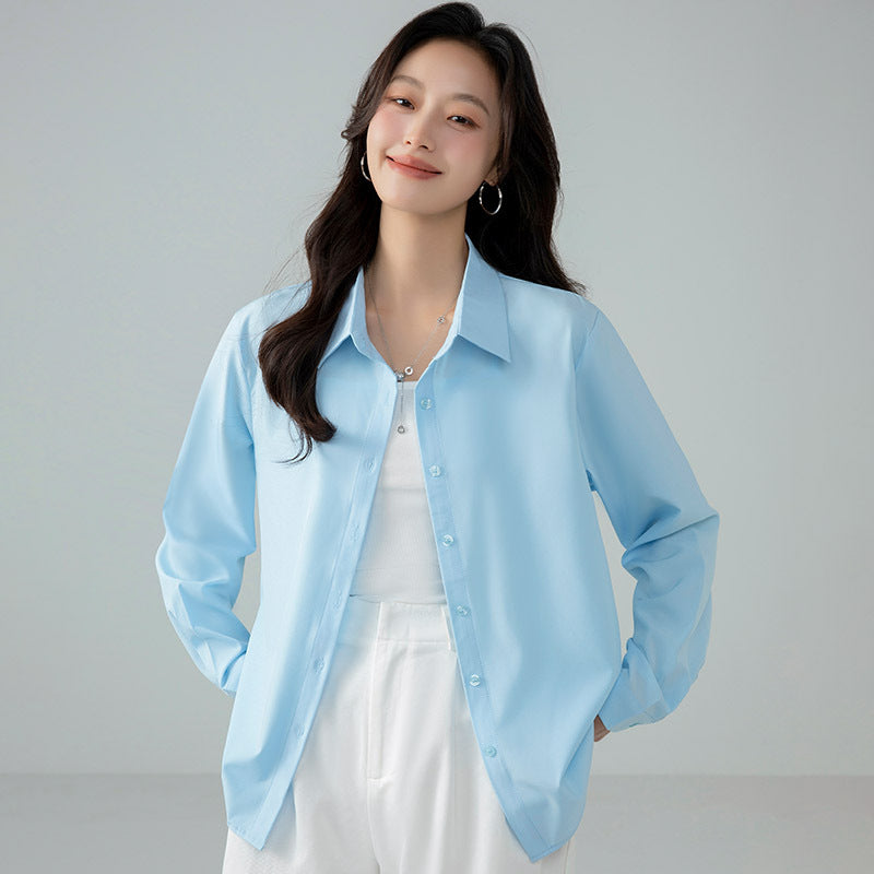 Blue Ghost Cotton Long-sleeved French Shirt Tops