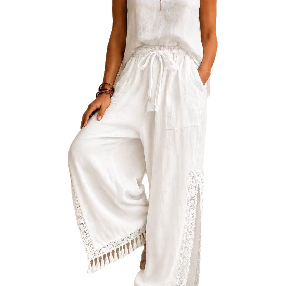 Women's Side Slit Lace Tassel Bohemian Vacation Style Pants