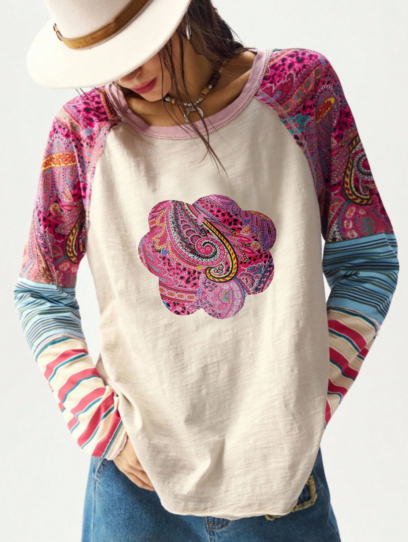 Women's Printed Crew Neck Casual Vacation Color Contrast Large Size T-shirt
