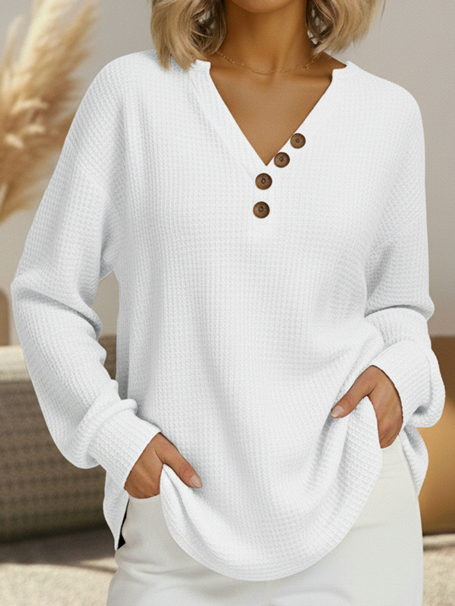 Women's Fashion Casual Button Waffle Long Sleeve Sweatshirt Women's T-shirt