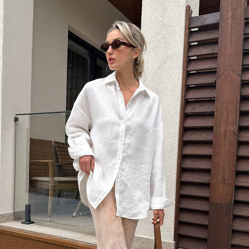 Women's Solid Color Loose Cotton Linen Lapel Long Sleeve Shirt Commuter Blouse
