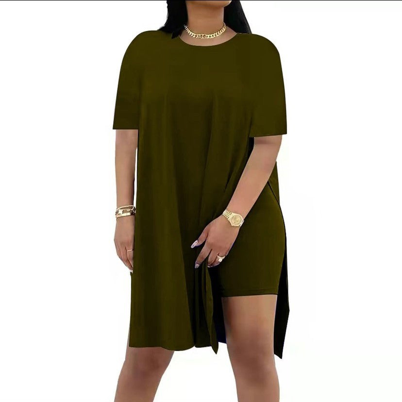 Solid Color Loose Round Neck Sleeve Two-piece Suits