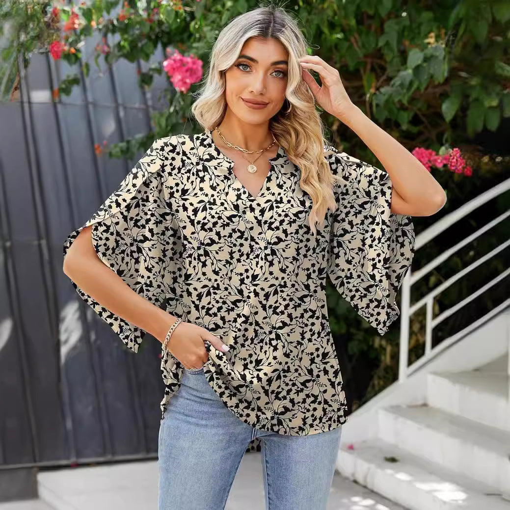 Glamorous Women's Printed Loose Petal Sleeve Lace Shirt, Chiffon Shirt