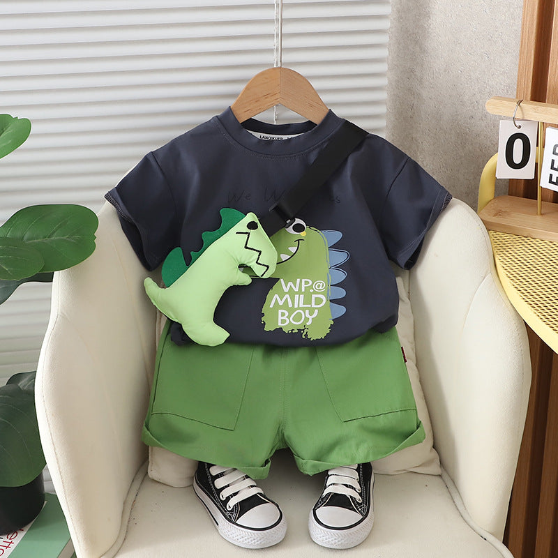 Children's Summer Clothing Korean Boys Dinosaur Bag Short Sleeve Two-piece Children's Suit
